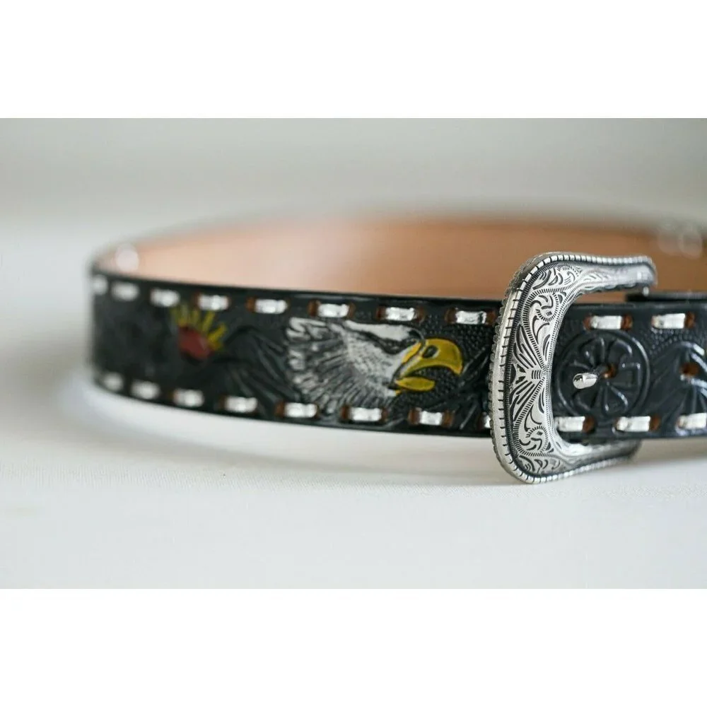 Hand Tooled Painted Bold Eagle Whipstitch Black Leather Belt